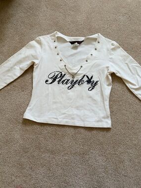 2000s Playboy Ivory V‑Neck quarter Sleeve Top with Eyelet Detail